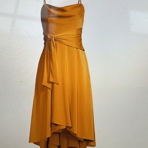 Satin Mustard high-low dress with sash tie-waist